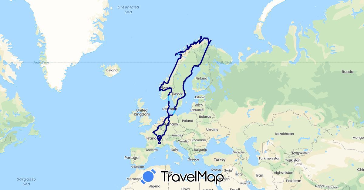 TravelMap itinerary: driving, boat in Germany, Denmark, Finland, France, Norway, Sweden (Europe)